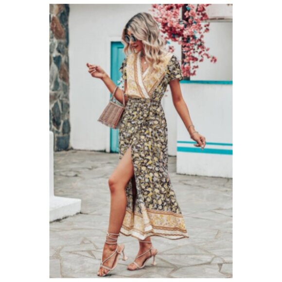 PRETTYGARDEN Women Boho Summer Side Split Deep V Neck Short Sleeves Maxi Dress - Picture 3 of 9